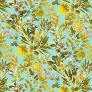 Leaves in Gold and Sage on Turquoise - small