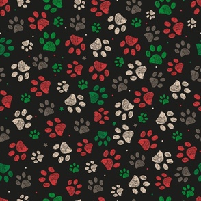 Trace doodle paw prints with stars seamless pattern background with christmas new years black background