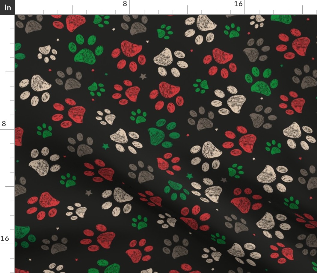 Trace doodle paw prints with stars seamless pattern background with christmas new years black background