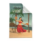 Hawaiian Vintage Hula Girl Postcard Tea Towel