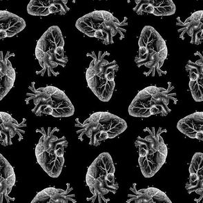 Illustrated Heart Diagram Pattern with Black Background (Small Scale)