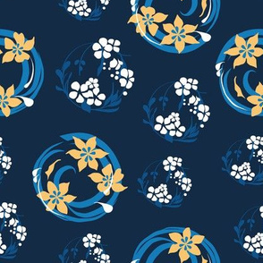 white and yellow floral on dark blue