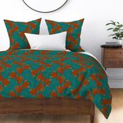 Viney Orange Leaves on Turquoise Linen Texture