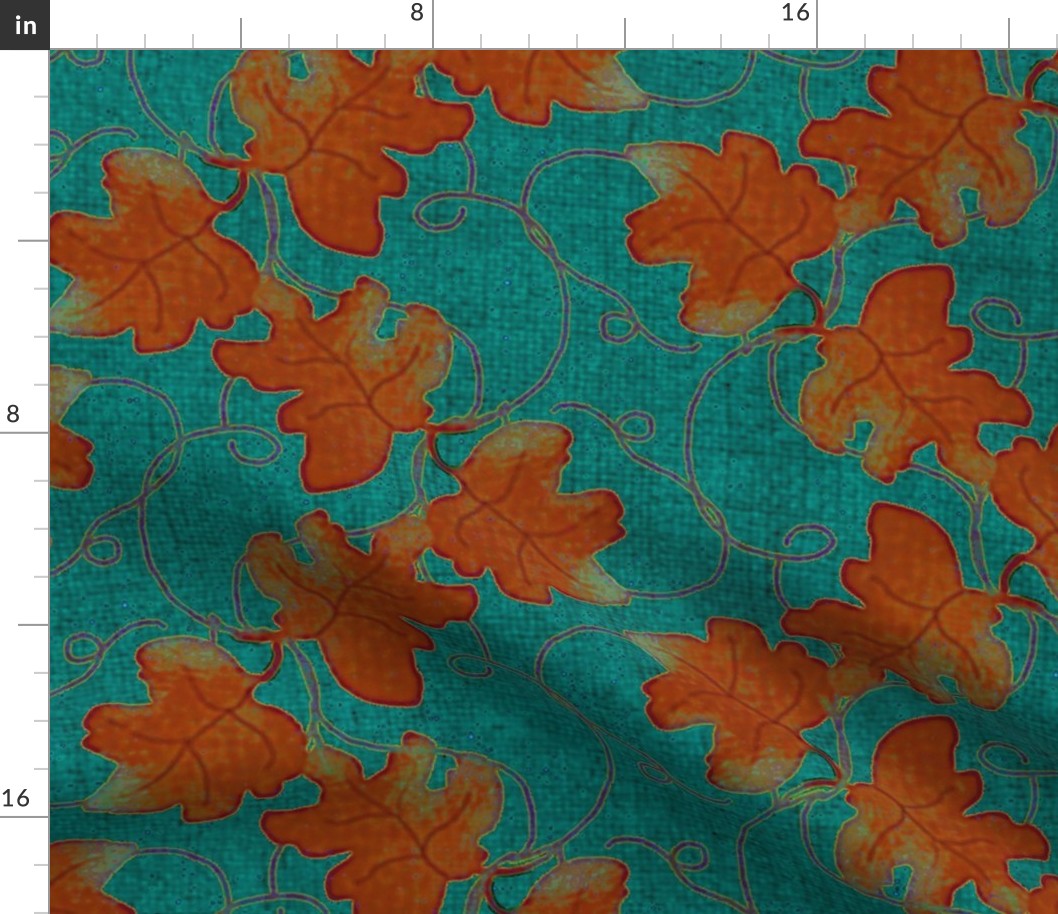 Viney Orange Leaves on Turquoise Linen Texture