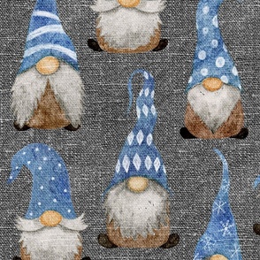 Blue Gnomes on Silver Grey Linen - large scale