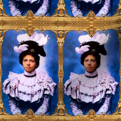 1 black woman lady African American POC people of color WOC blue Victorian Edwardian beautiful lady 19th 20th century hats feathers lace puffy sleeves portrait big hats gold ornate baroque angels wings frame romantic beauty vintage antique elegant gothic 