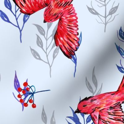 Blue pattern of red birds in watercolor