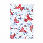 Blue pattern of red birds in watercolor