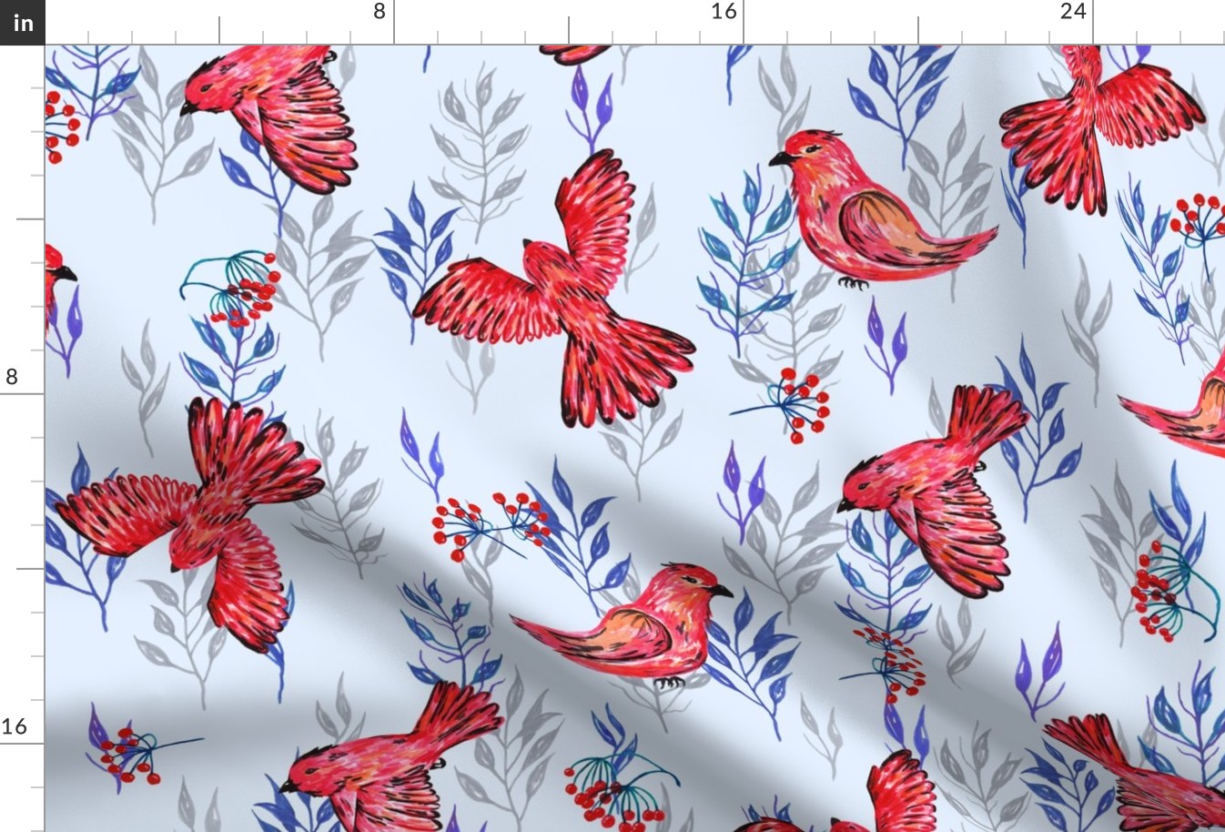 Blue pattern of red birds in watercolor