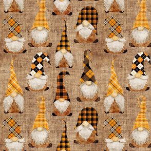 Fall Orange Plaid Gnomes on Burlap - medium scale