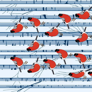 Wild Red Birds and Blue Birch Trees