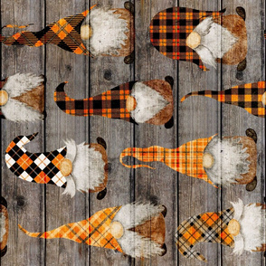 Fall Orange Plaid Gnomes on Barn wood rotated - large scale