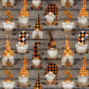 Fall Orange Plaid Gnomes on Barn wood - medium scale