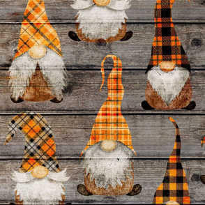 Fall Orange Plaid Gnomes on Barn wood - large scale