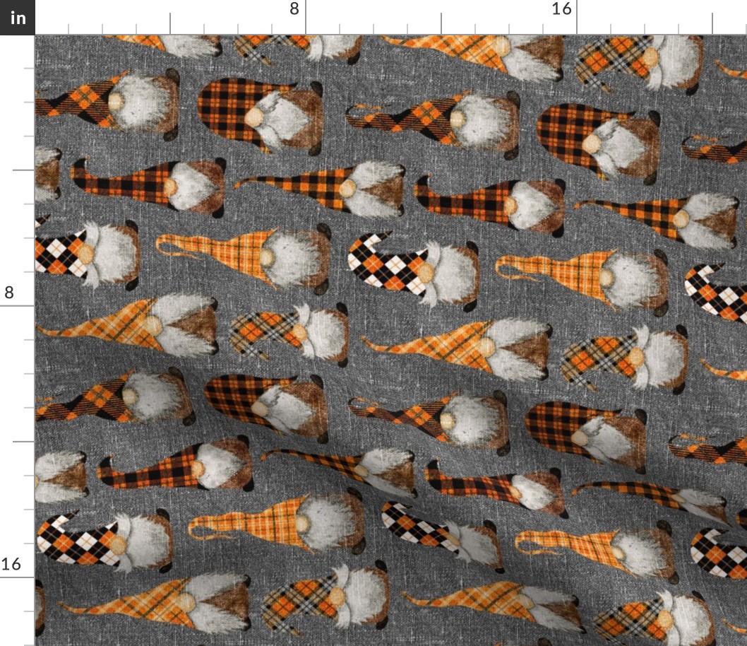 Fall Orange Plaid Gnomes on Grey Linen rotated - medium scale