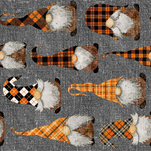 Fall Orange Plaid Gnomes on Grey Linen rotated - large scale