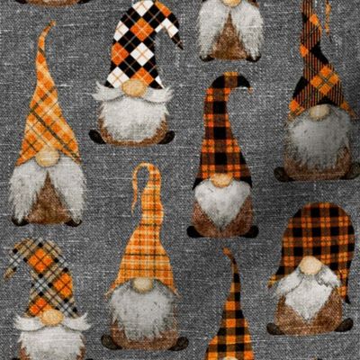 Fall Orange Plaid Gnomes on Grey Linen - small scale