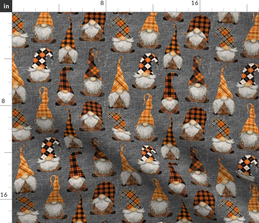 Fall Orange Plaid Gnomes on Grey Linen - small scale