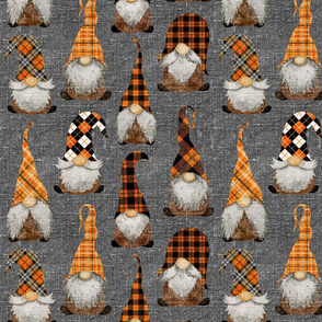 Fall Orange Plaid Gnomes on Grey Linen - medium scale