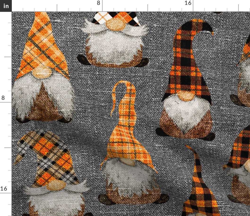Fall Orange Plaid Gnomes on Grey Linen - large scale