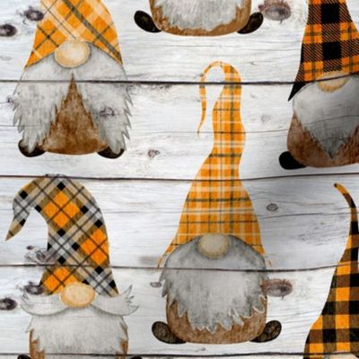 Fall Orange Plaid Gnomes on Shiplap - medium scale