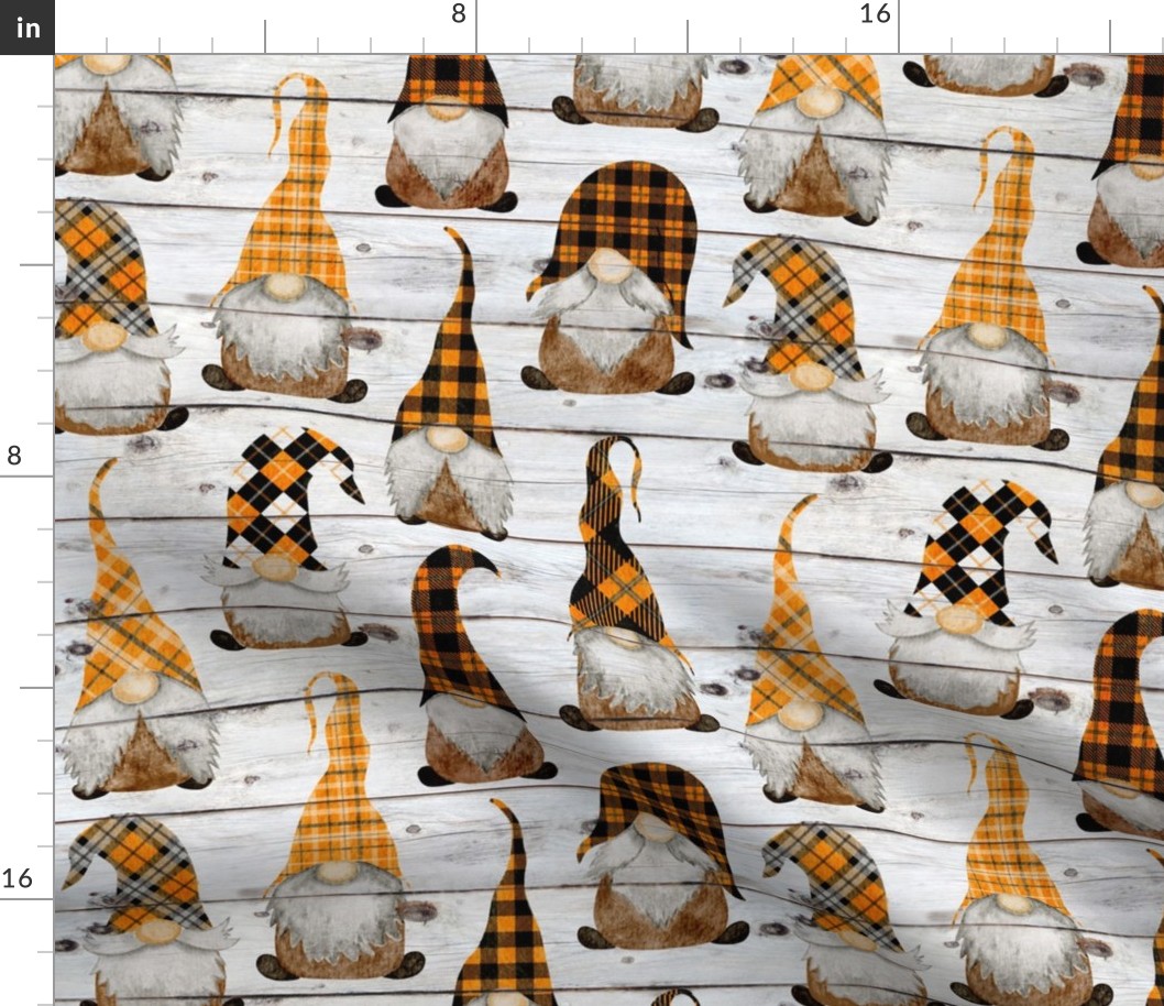 Fall Orange Plaid Gnomes on Shiplap - medium scale