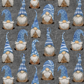 Blue Gnomes on Silver Grey Linen - medium scale