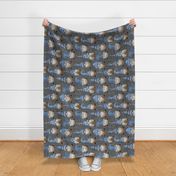 Blue Gnomes on Silver Grey Linen rotated - large scale