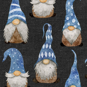 Blue Gnomes on Dark Grey Linen - large scale