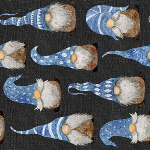 Blue Gnomes on Dark Grey Linen rotated - large scale