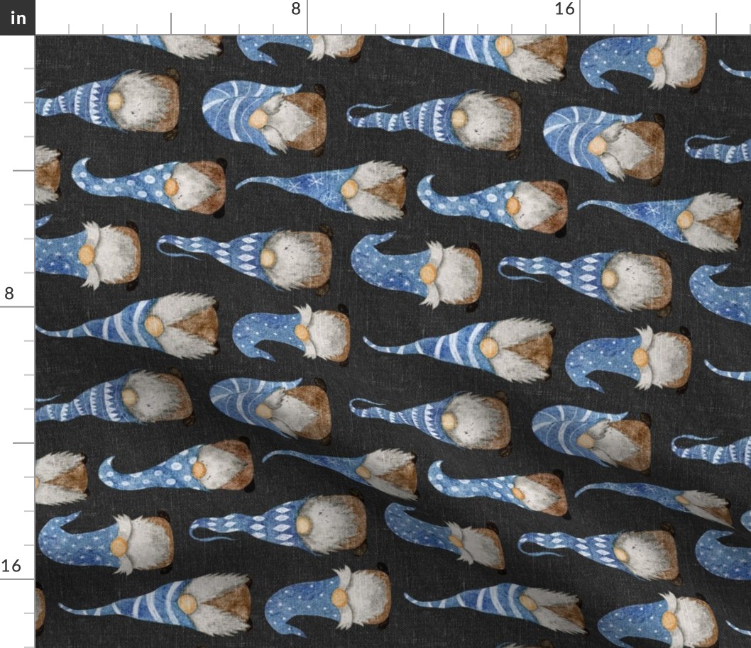 Blue Gnomes on Dark Grey Linen rotated - medium scale