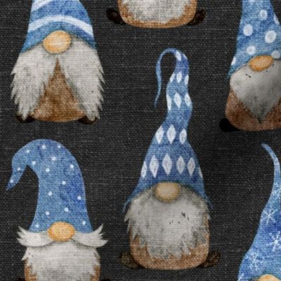 Blue Gnomes on Dark Grey Linen - medium scale