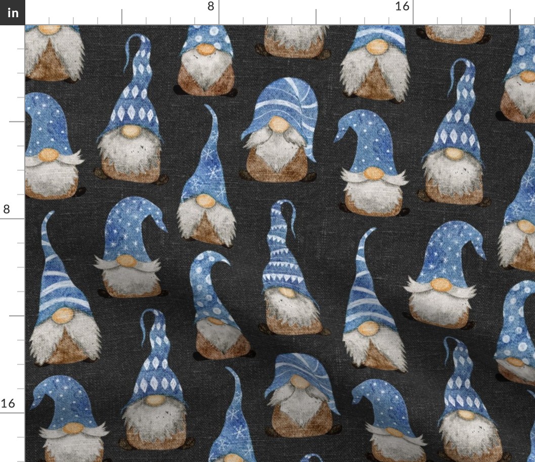 Blue Gnomes on Dark Grey Linen - medium scale