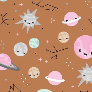 Little moon and stars kawaii space theme universe constellation and planets kids nursery design girls pink burnt orange