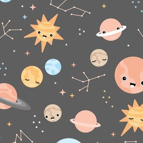 Little moon and stars kawaii space theme universe constellation and planets kids nursery design neutral orange blue gray retro