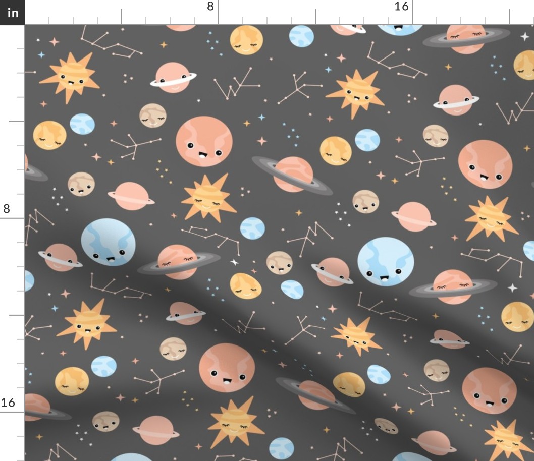 Little moon and stars kawaii space theme universe constellation and planets kids nursery design neutral orange blue gray retro