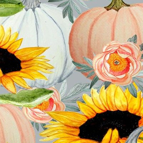 Thanksgiving Pumpkin and Sunflower watercolor on gray