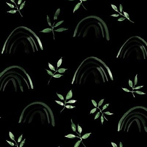 Green on black neutral rainbows and leaves for modern nursery kids baby - natural watercolor rainbow pattern - woodland magic