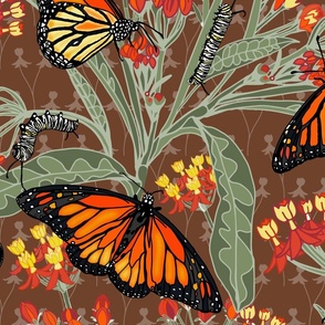 A Butterfly's Poison - Milkweed, Monarch butterflies and caterpillars on Cinnamon Brown #6F422B