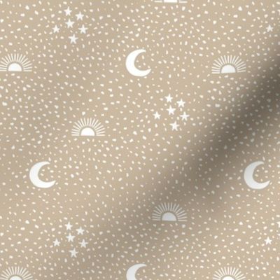 Boho universe sun moon and stars lunar magic summer spots Scandinavian style nursery neutral beige 