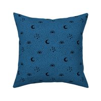 Boho universe sun moon and stars lunar magic summer night spots Scandinavian style nursery neutral classic blue black