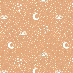 Boho universe sun moon and stars lunar magic summer night spots Scandinavian style nursery neutral sunset orange white
