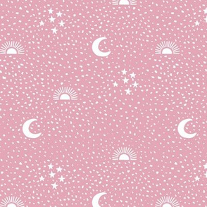 Boho universe sun moon and stars lunar magic summer night spots Scandinavian style nursery pink white girls