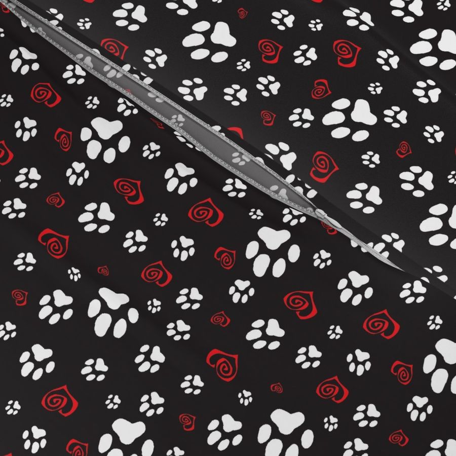 Paws Pawprints and Hearts - White and Red on Black - Smallest Repeat