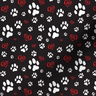 Paws Pawprints and Hearts - White and Red on Black - Smallest Repeat