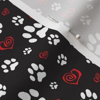 Paws Pawprints and Hearts - White and Red on Black - Smallest Repeat