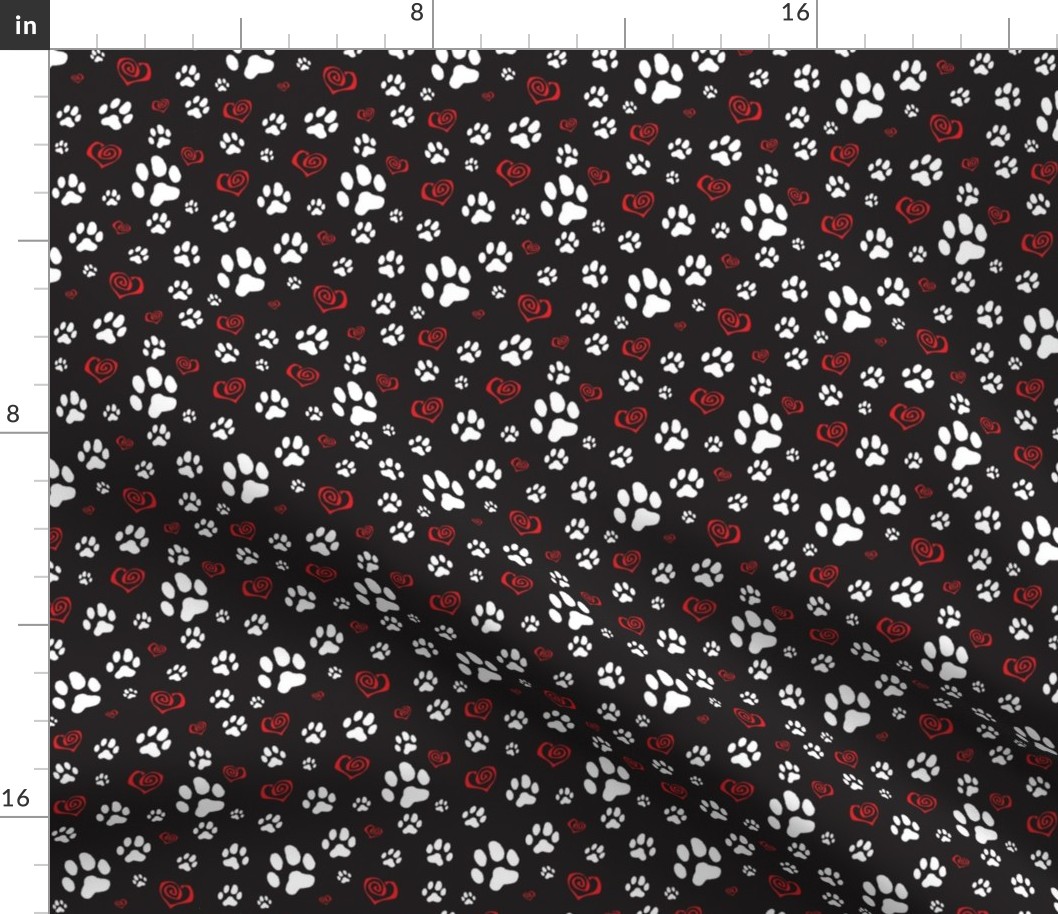 Paws Pawprints and Hearts - White and Red on Black - Smallest Repeat