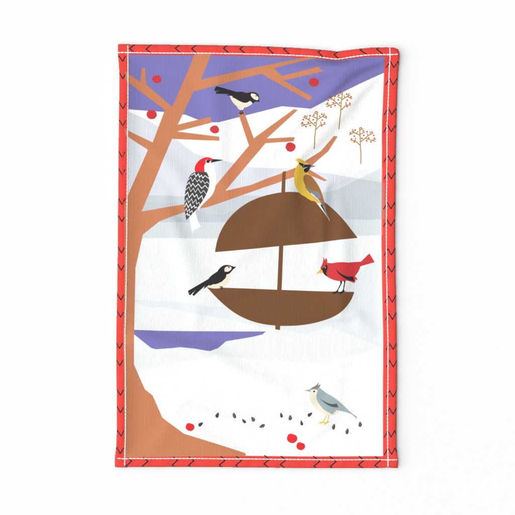 Backyard Winter Birds Tea Towel 