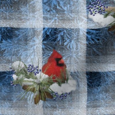 Cardinals and Chickadees on Wintry Blue Yardage