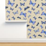 blue butterflies on the wing, on tan